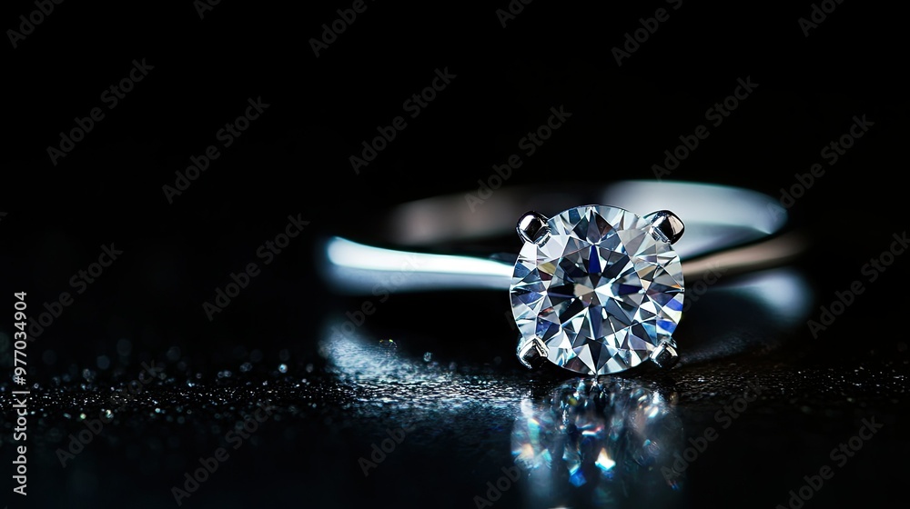 A detailed shot of a diamond engagement ring in a classic solitaire setting, placed on a glossy black surface to emphasize its brilliance.