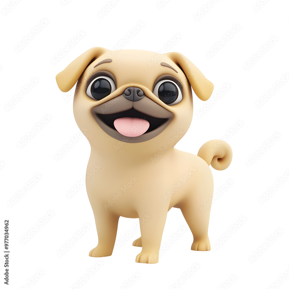 Playful Pug Dog with Wagging Tail 3D Pastel on White Background Playful Pug Dog with Wagging Tail 3D Pastel on White Background
