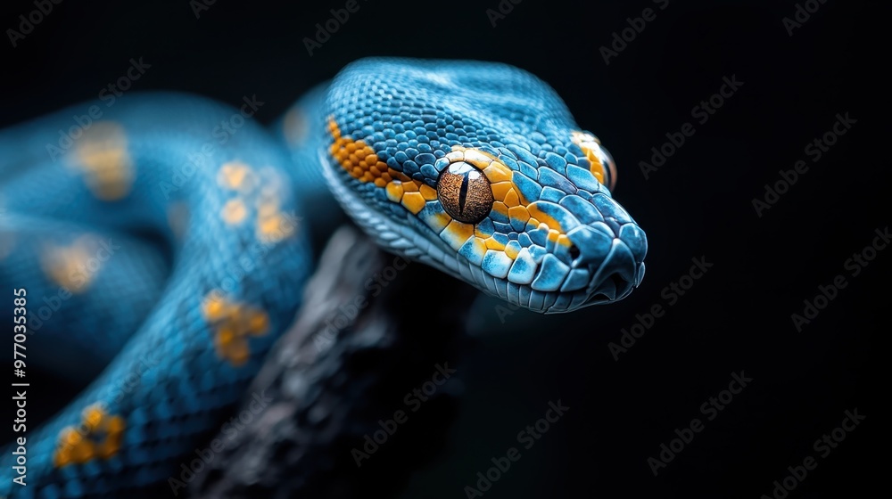 An elegant dark blue snake featuring striking orange details on its scales, shown in a highly detailed close-up that brings out its intricate patterns and textures. An elegant dark blue snake featuring striking orange details on its scales, shown in a highly detailed close-up that brings out its intricate patterns and textures.