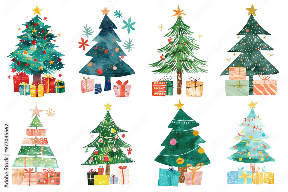 PNG watercolor Christmas tree element set, transparent background PNG watercolor Christmas tree element set, transparent background