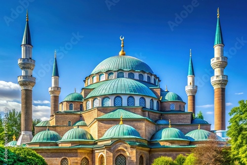 Grandiose Banya Bashi Mosque in Sofia, Bulgaria, stands majestically with its bright turquoise dome and four slender minarets against a clear blue sky. photo