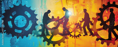 Silhouettes Working with Gears Symbolizing Industry and Teamwork