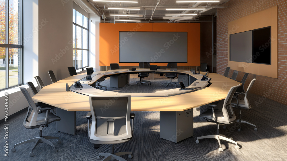 A collaborative work area with group desks and interactive screens. A collaborative work area with group desks and interactive screens.