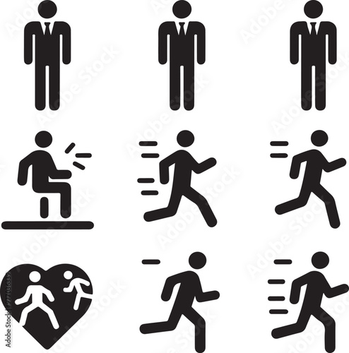 Man stands, walk and run icon set. People symbol. Person standing, walking and running illustration. Run, walk, stand. Vector illustration.generative ai