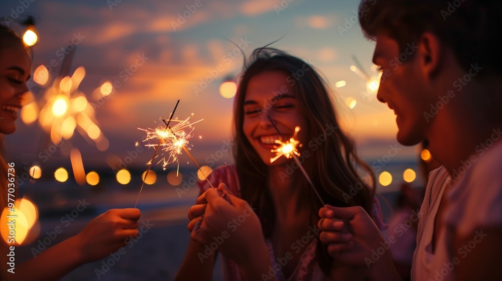 Group of friends having fun with sparklers at beach party on sunset background Group of friends having fun with sparklers at beach party on sunset background