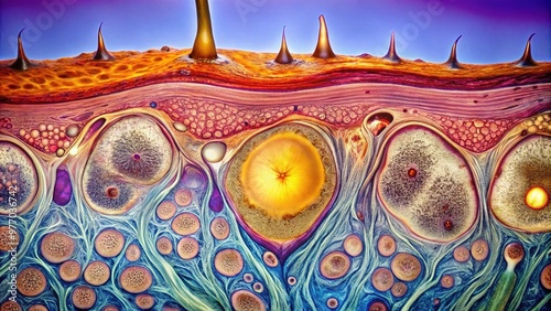 Illuminated microscopic image of a human hair follicle revealing detailed anatomy, including bulb, root sheath, dermal papilla, arrector pili muscle, and sebaceous gland structures. photo