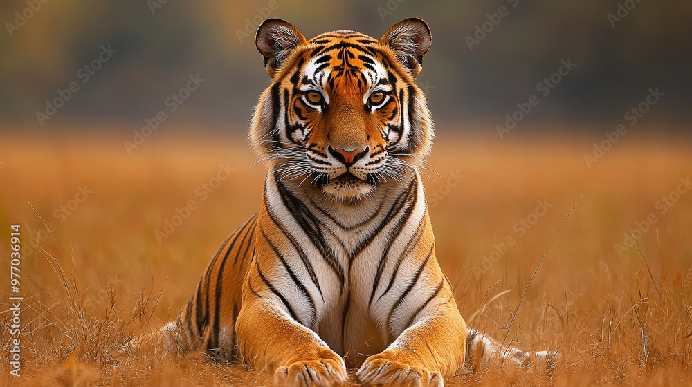 Fototapeta Portrait of tiger sitting on field,Bandhavgarh Tiger Reserve,India