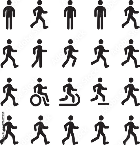 Man stands, walk and run icon set. People symbol. Person standing, walking and running illustration. Run, walk, stand. Vector illustration.generative ai