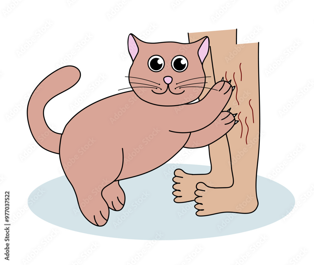 Problem with cat behavior. Kitten scratches legs. Cute hand drawn flat illustration.