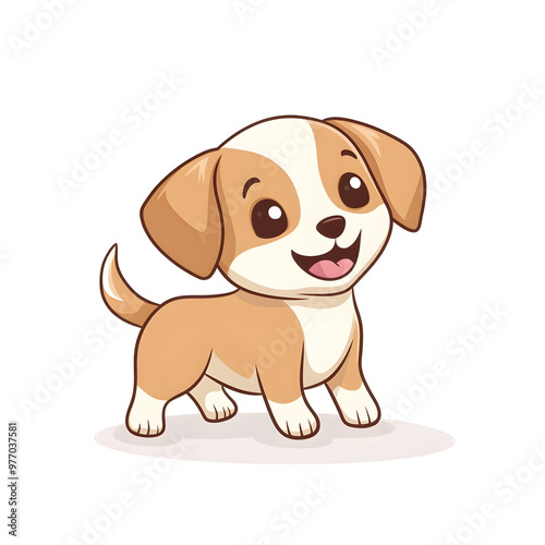 Cheerful and Playful Cartoon Puppy with Wagging Tail in Pastel Shades on White Background