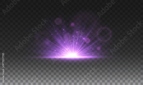 Glowing bright light explosion effect. The effect of a bright flickering flash of light on a transparent background with rays and highlights. Vector illustration. Lens explosion, spark, sparks