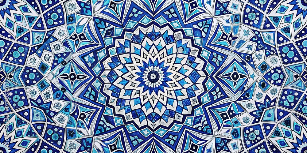 Intricately designed geometric pattern in shades of blue and white, featuring repeating shapes and symmetrical elements, evoking a sense of harmony and spiritual connection. Intricately designed geometric pattern in shades of blue and white, featuring repeating shapes and symmetrical elements, evoking a sense of harmony and spiritual connection.