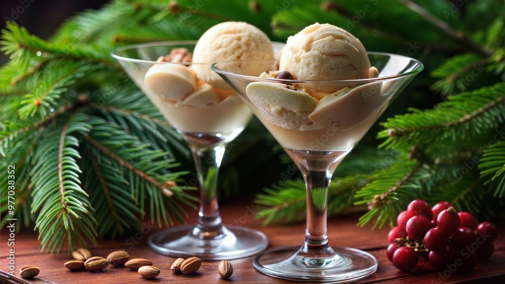 Delicious vanilla ice cream served in elegant glasses with nuts and festive decorations Delicious vanilla ice cream served in elegant glasses with nuts and festive decorations