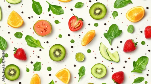 A pattern of a variety of fruits and vegetables on white background, AI