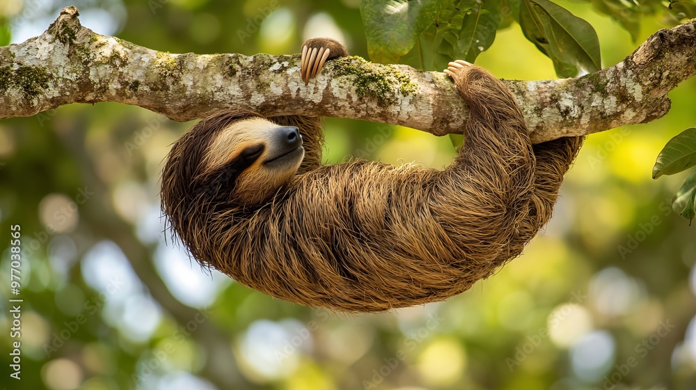 A sloth from Costa Rica hangs upside down scratching its tummy. It looks funny and relaxed. A sloth from Costa Rica hangs upside down scratching its tummy. It looks funny and relaxed.