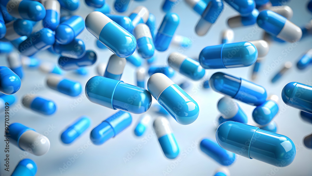 Pharmaceutical capsules falling against a white background Medical capsules in a clean laboratory environment Pharmaceutical capsules falling against a white background Medical capsules in a clean laboratory environment