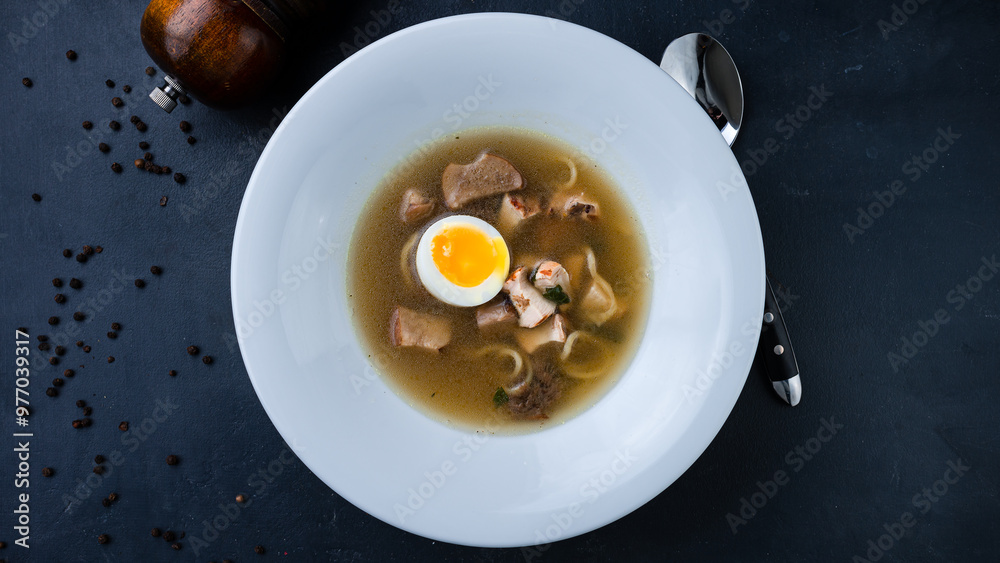 Soup with noodles, chicken, mushrooms and eggs in a bowl. Soup with noodles, chicken, mushrooms and eggs in a bowl.