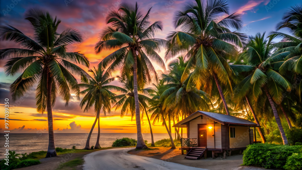 Coastal paradise with calm ocean, palm trees, and a tranquil atmosphere Perfect vacation destination: sun-drenched beach, palm trees, and a cozy cottage Coastal paradise with calm ocean, palm trees, and a tranquil atmosphere Perfect vacation destination: sun-drenched beach, palm trees, and a cozy cottage