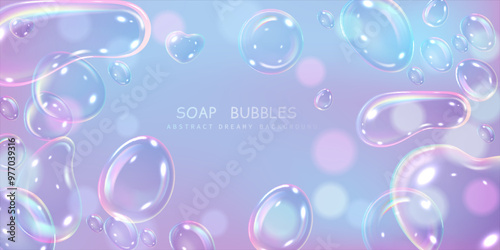 Soap bubbles Abstract dreamy background, soap foam with rainbow reflection, holographic lather vector banner design