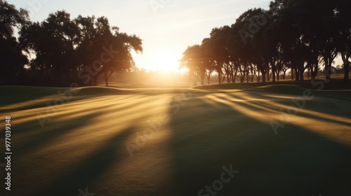 The setting sun creates beautiful shadows on a tranquil golf course surrounded by trees, capturing a serene and picturesque moment in nature.