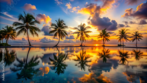 Tall palm trees stand tall against a breathtaking sunset, capturing the essence of a serene beach. A tropical beach at sunset offers a peaceful escape, with golden light