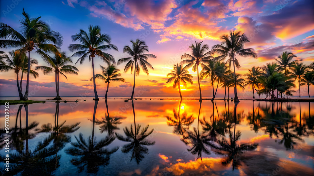 Serene beach scene with palm trees silhouetted against a vibrant sunset.
Golden hues of the sky reflect on a calm ocean, creati Serene beach scene with palm trees silhouetted against a vibrant sunset.
Golden hues of the sky reflect on a calm ocean, creati