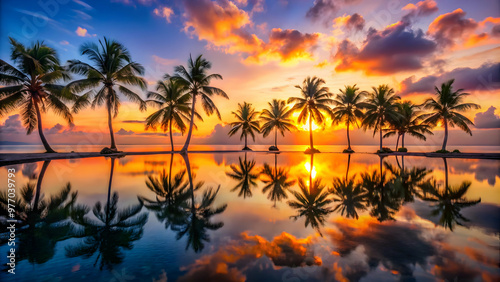 Fototapeta Naklejka Na Ścianę i Meble -  Serene beach scene with palm trees silhouetted against a vibrant sunset.
Golden hues of the sky reflect on a calm ocean, creati