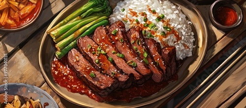 Sliced roasted beef with chili paste rice and vegetables showcasing a fusion of barbecue flavors and aromatic sweet chili creating an enticing Asian inspired dish