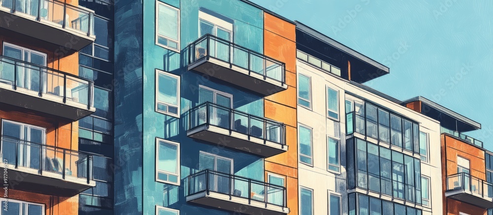Modern apartment buildings featuring balconies and windows showcasing contemporary design with outdoor amenities Mixed media composition Modern apartment buildings featuring balconies and windows showcasing contemporary design with outdoor amenities Mixed media composition