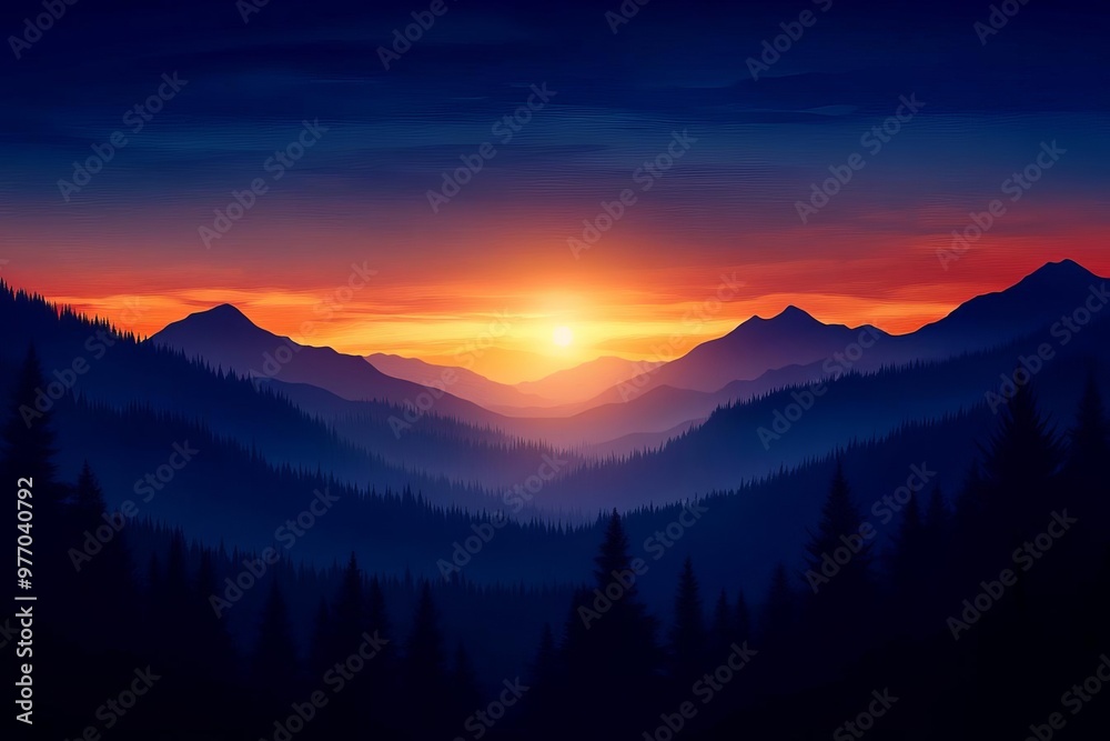 Fototapeta premium A breathtaking view of a mountain sunset, with layers of hills and a vibrant sky filled with colors blending beautifully.