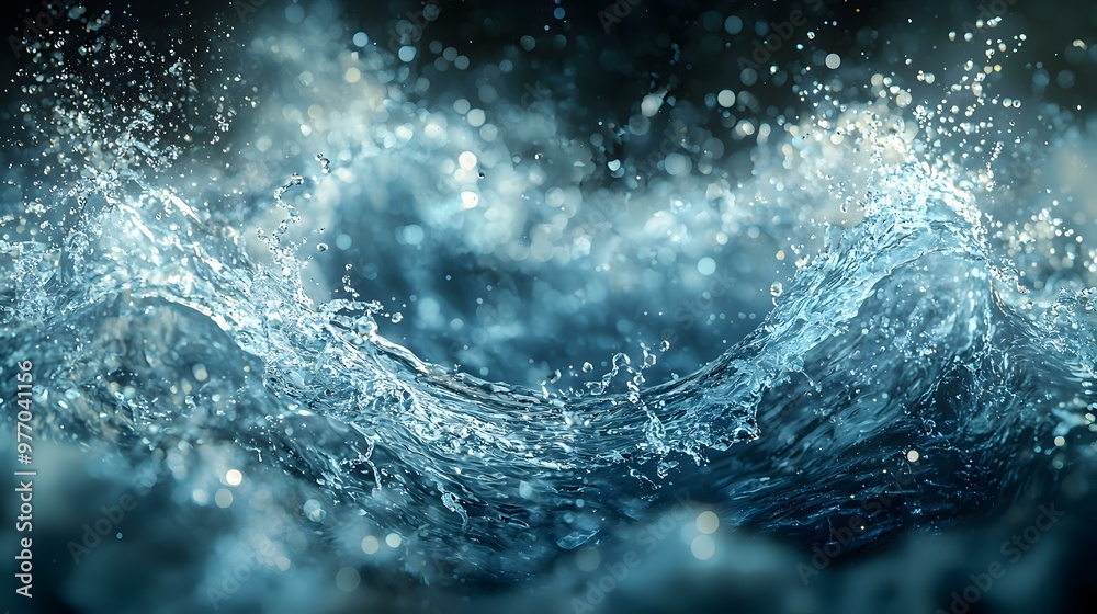 Dynamic water splashes, vivid blue waves rise and fall, droplets sparkle in the light, capturing the essence of motion and fluidity in a serene aquatic scene