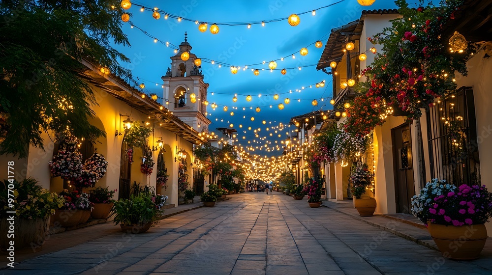 Fototapeta premium Charming cobblestone street adorned with vibrant flowers, glowing lanterns, and a picturesque church, creating a magical evening ambiance.