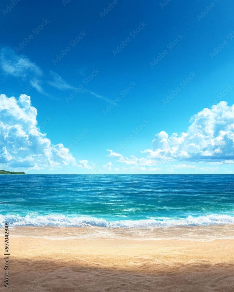 Obraz premium A serene beach scene featuring gentle waves, golden sand, and a clear blue sky with fluffy clouds, perfect for relaxation.