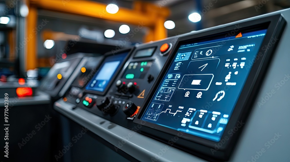 A modern machine control panel with digital displays, sliders, and buttons for controlling automated industrial equipment. A modern machine control panel with digital displays, sliders, and buttons for controlling automated industrial equipment.
