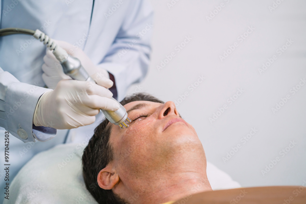 therapist using cavitation machine white man for fat and wrinkles removal. cosmetologist using cavitation equipment for wrinkles skin removal. caucasian man got face skin cavitation by clinic doctor therapist using cavitation machine white man for fat and wrinkles removal. cosmetologist using cavitation equipment for wrinkles skin removal. caucasian man got face skin cavitation by clinic doctor