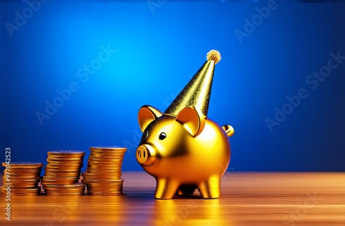 Golden piggy bank in a cap next to coins on blue background photo