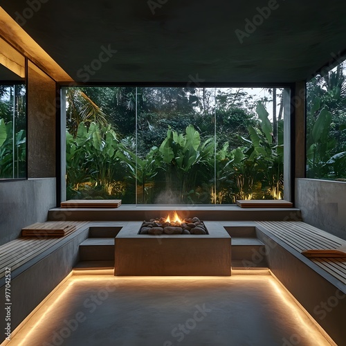 Modern Sauna Room with Wood-Fired Stone Oven and Dusk View of Uluwatu Jungle in Bali photo