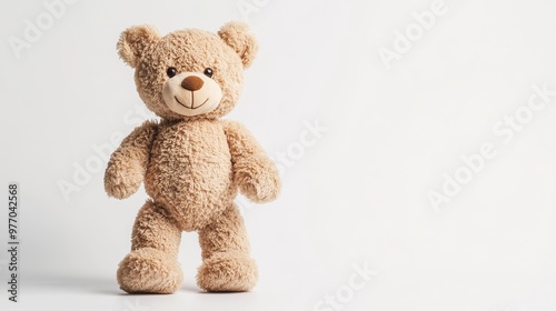 Adorable stuffed teddy bear standing alone on a white background