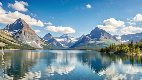 Stunning Scenic View of East Glacier, Montana, Majestic Mountains and Lush Greenery Under Clear Blue Sky.