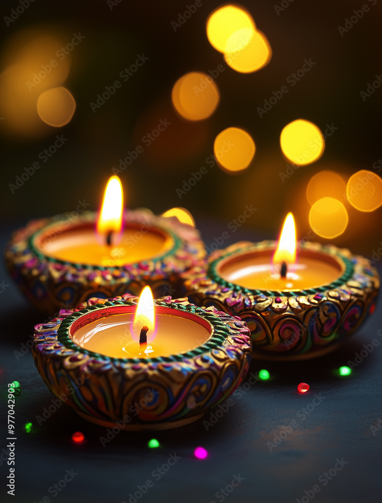 Happy Divalli: Photo of Three Lit Candles with Indian-Style Decoration and Colorful Blurred Background Happy Divalli: Photo of Three Lit Candles with Indian-Style Decoration and Colorful Blurred Background