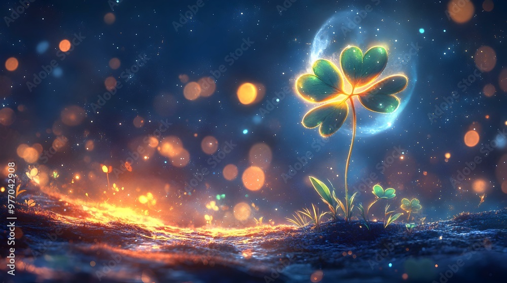 Enchanted Night, a glowing clover stands amidst shimmering lights, bathed in moonlight, surrounded by a mystical landscape of vibrant greenery and ethereal beauty. Enchanted Night, a glowing clover stands amidst shimmering lights, bathed in moonlight, surrounded by a mystical landscape of vibrant greenery and ethereal beauty.