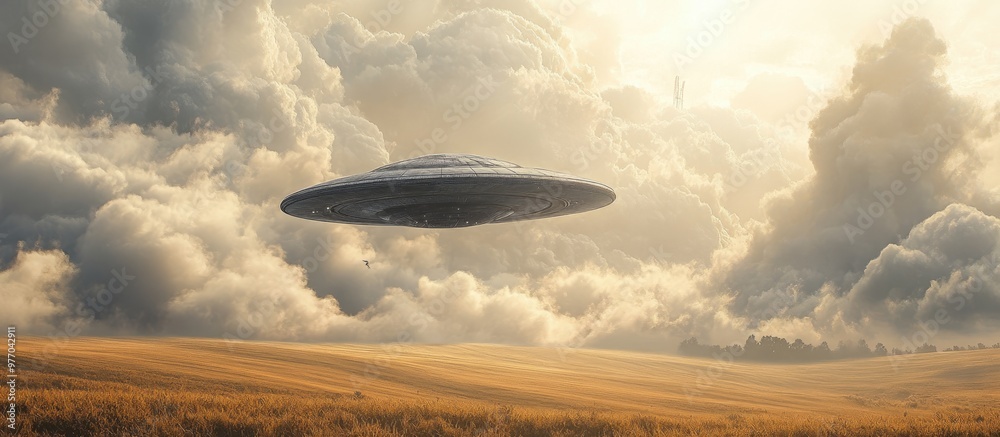UFO an alien spacecraft suspended in the sky above a field motionless among the clouds Themes of extraterrestrial life alien encounters and space exploration in mixed media UFO an alien spacecraft suspended in the sky above a field motionless among the clouds Themes of extraterrestrial life alien encounters and space exploration in mixed media