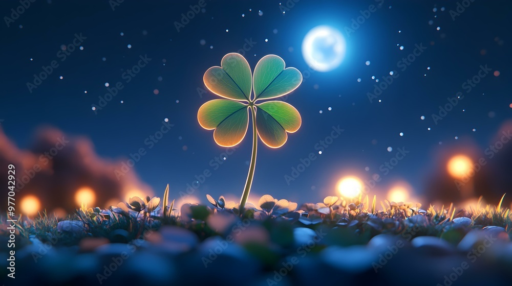 Luminous Clover in Moonlight, a solitary clover radiates softly under the night sky, surrounded by glowing orbs and a shimmering backdrop of stars and clouds. Luminous Clover in Moonlight, a solitary clover radiates softly under the night sky, surrounded by glowing orbs and a shimmering backdrop of stars and clouds.