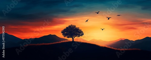 A serene sunset landscape featuring a solitary tree silhouetted against a vibrant sky with flying birds, perfect for nature lovers. photo