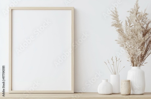 Mockup with landscape wooden frame. Copy space for artwork, photos, or print presentations. White wall and vase with dry gypsophila flower decoration.