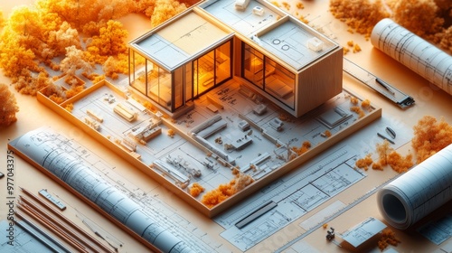 A detailed architectural floor plan laid out on a table with drafting tools such as a compass, ruler, and triangle. The floor plan includes furniture layout and room design. photo