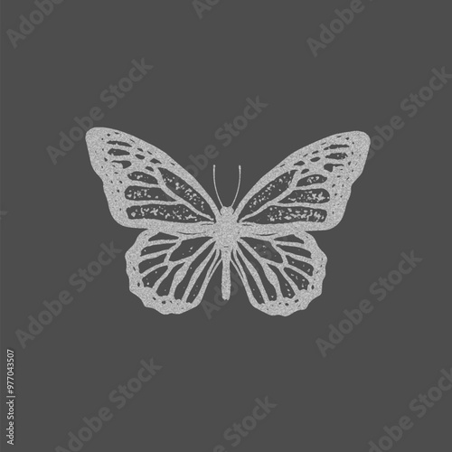 Gray butterfly isolated on a dark background. Photocopy effect.