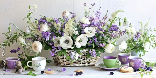 rustic bohemian purple white floral arrangement lavender lilac flowers poppies