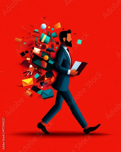 A stylish businessman walks confidently, surrounded by vibrant elements symbolizing creativity and communication.