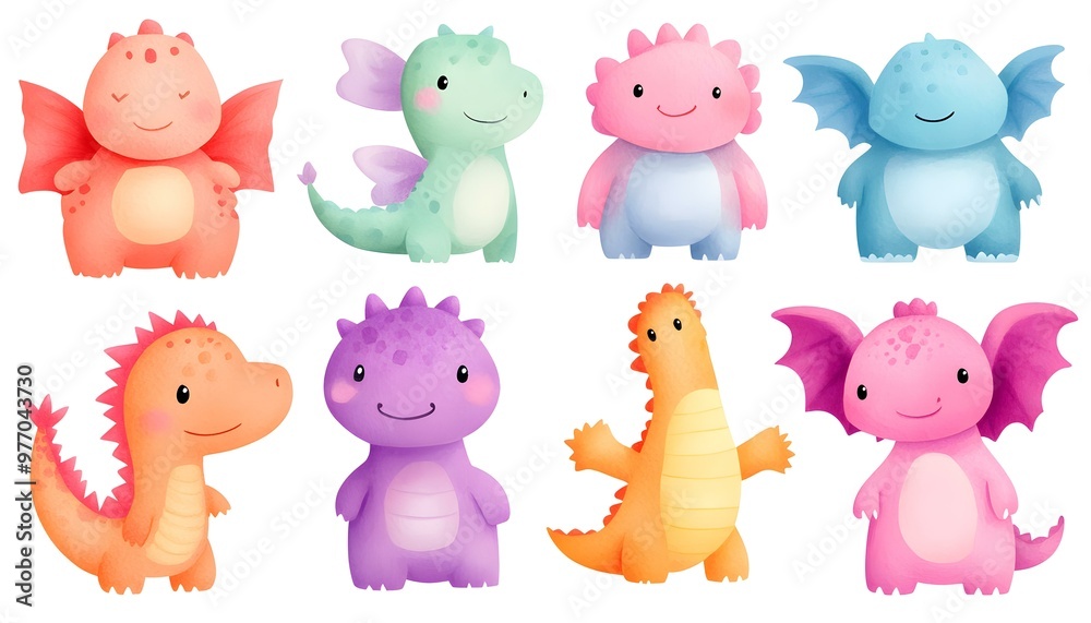 Charming collection of colorful, whimsical cartoon dragons with playful expressions and unique features, designed to delight children and spark creativity. Charming collection of colorful, whimsical cartoon dragons with playful expressions and unique features, designed to delight children and spark creativity.